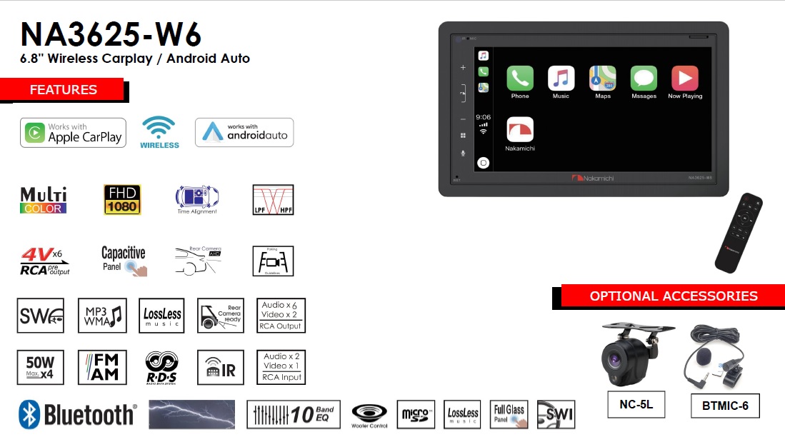 nakamchi 3625-w6 radio carplay android auto