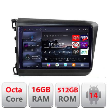 Navigatie Honda Civic 2012-2015 Edotec Kit-132 8 core QLED 2K 16+512 360 Android Waze USB Navigatie Internet Youtube Radio