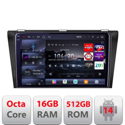 Navigatie Mazda 3 2004-2009 Edotec Kit-161 8 core QLED 2K 16+512 360 Android Waze USB Navigatie Internet Youtube Radio