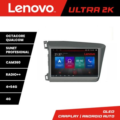 Navigatie Honda Civic 2012-2015 Lenovo Kit-132 8 core QLED Qualcomm 4+64 360 Android Waze USB Navigatie Internet Youtube Radio