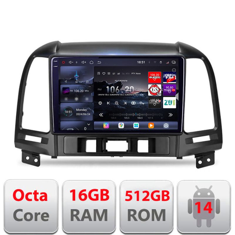 Navigatie Hyundai Santa Fe 2007-2012 Edotec Kit-008 8 core QLED 2K 16+512 360 Android Waze USB Navigatie Internet Youtube Radio