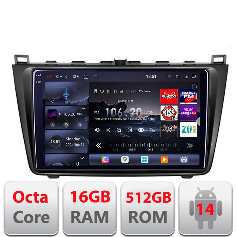 Navigatie Mazda 6 2007-2011 Edotec Kit-012 8 core QLED 2K 16+512 360 Android Waze USB Navigatie Internet Youtube Radio