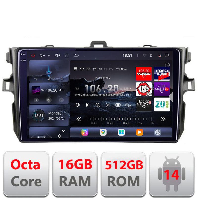 Navigatie Toyota Corolla 2007-2013 Edotec Kit-063 8 core QLED 2K 16+512 360 Android Waze USB Navigatie Internet Youtube Radio