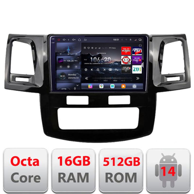 Navigatie Toyota Hilux 2008-2014 Edotec Kit-143 8 core QLED 2K 16+512 360 Android Waze USB Navigatie Internet Youtube Radio