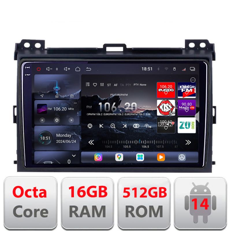 Navigatie Toyota Prado 2007- Edotec Kit-456 8 core QLED 2K 16+512 360 Android Waze USB Navigatie Internet Youtube Radio