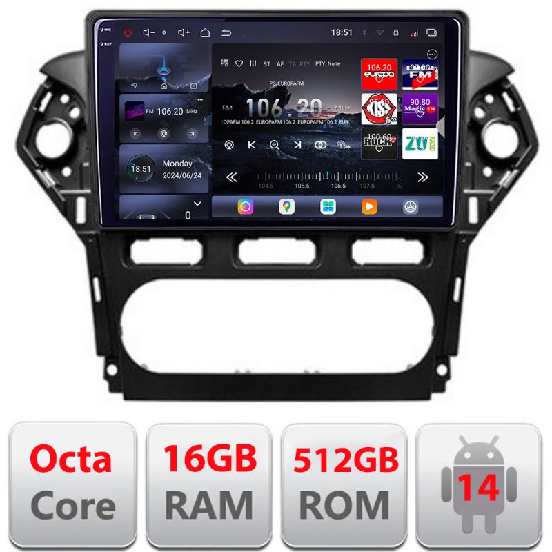 Navigatie Ford Mondeo 2010-2014 Edotec Kit-MONDEO-CLIMA 8 core QLED 2K 16+512 360 Android Waze USB Navigatie Internet Youtube Radio