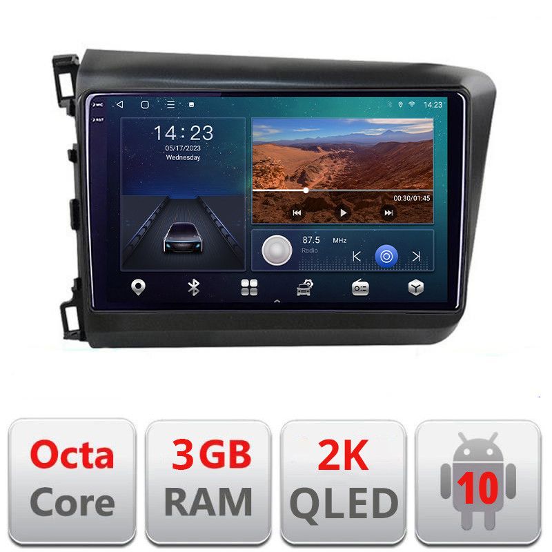 Navigatie Honda Civic 2012-2015 B-132 Android Ecran 2K QLED octa core 3+32 carplay android auto KIT-132+EDT-E309V3-2K