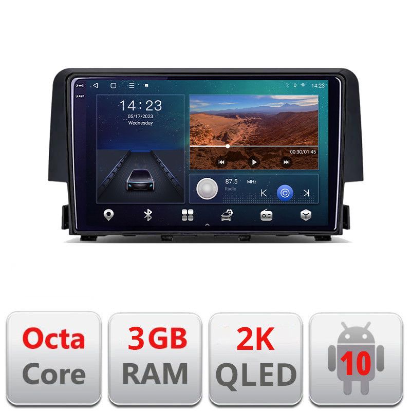 Navigatie Honda Civic 2016-2020 Android Ecran 2K QLED octa core 3+32 carplay android auto KIT-669+EDT-E309V3-2K