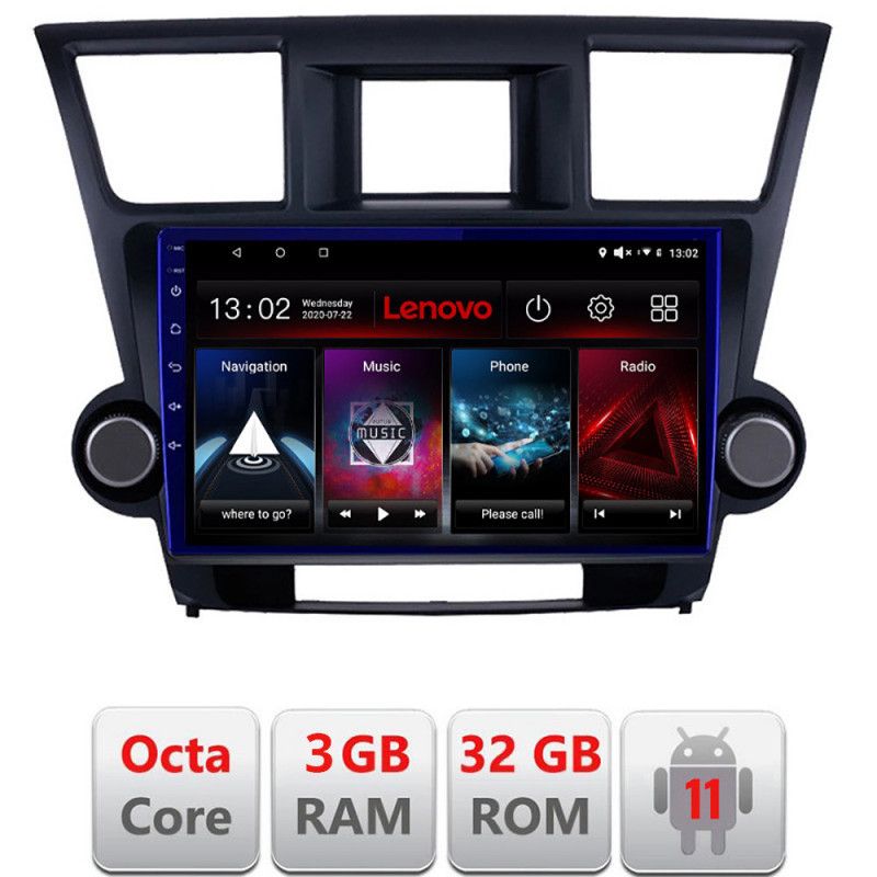 Navigatie Toyota Highlander 2007-2013 Octa Core cu Android Radio Bluetooth Internet GPS WIFI DSP 3+32 GB 4G KIT LENOVO LITE