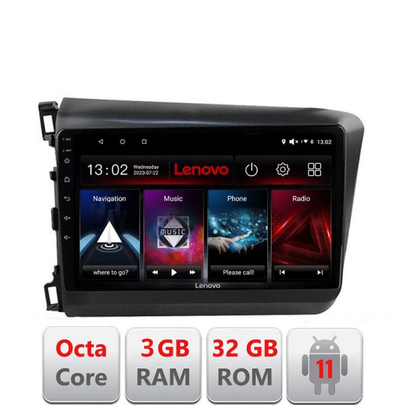 Navigatie Honda Civic 2012-2015 D-132 Octa Core cu Android Radio Bluetooth Internet GPS WIFI DSP 3+32 GB 4G KIT LENOVO LITE