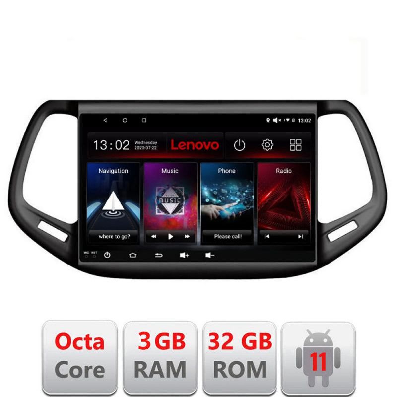 Navigatie Jeep Compass 2017 D-732 Octa Core cu Android Radio Bluetooth Internet GPS WIFI DSP 3+32 GB 4G KIT-732 LENOVO LITE