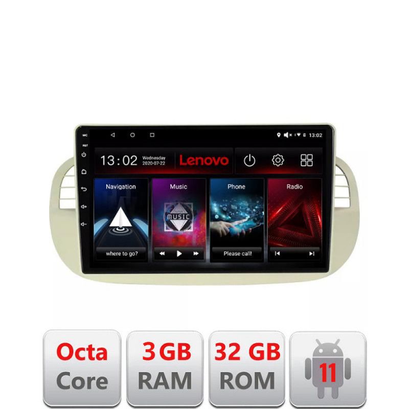 Navigatie Fiat 500 intre anii 2007-2015 Octa Core cu Android Radio Bluetooth Internet GPS WIFI DSP 3+32 GB 4G K LENOVO LITE