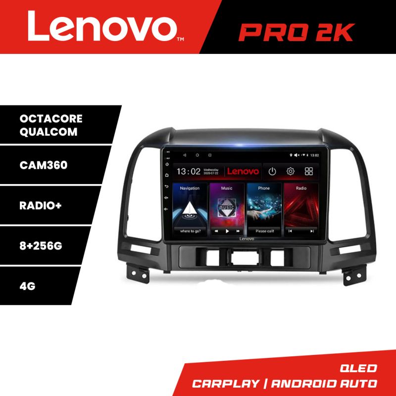 Navigatie Hyundai Santa Fe Lenovo Kit-008 8 core QLED 2K 8+256 360 Android Waze USB Navigatie Internet Youtube Radio