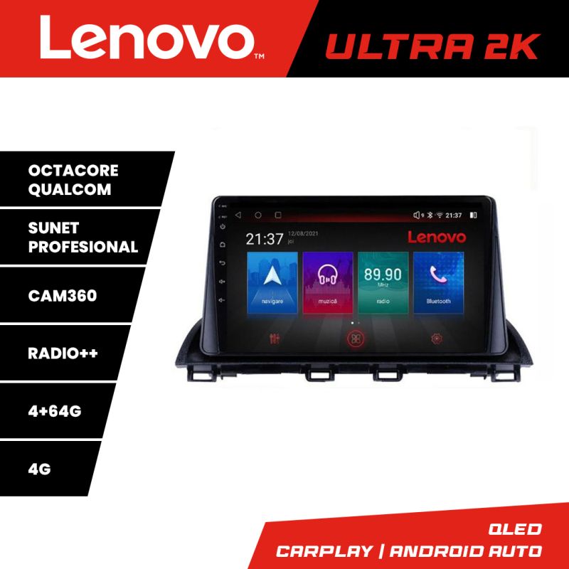 Navigatie Mazda 3 2014-2019 Lenovo Kit-463 8 core QLED Qualcomm 4+64 360 Android Waze USB Navigatie Internet Youtube Radio